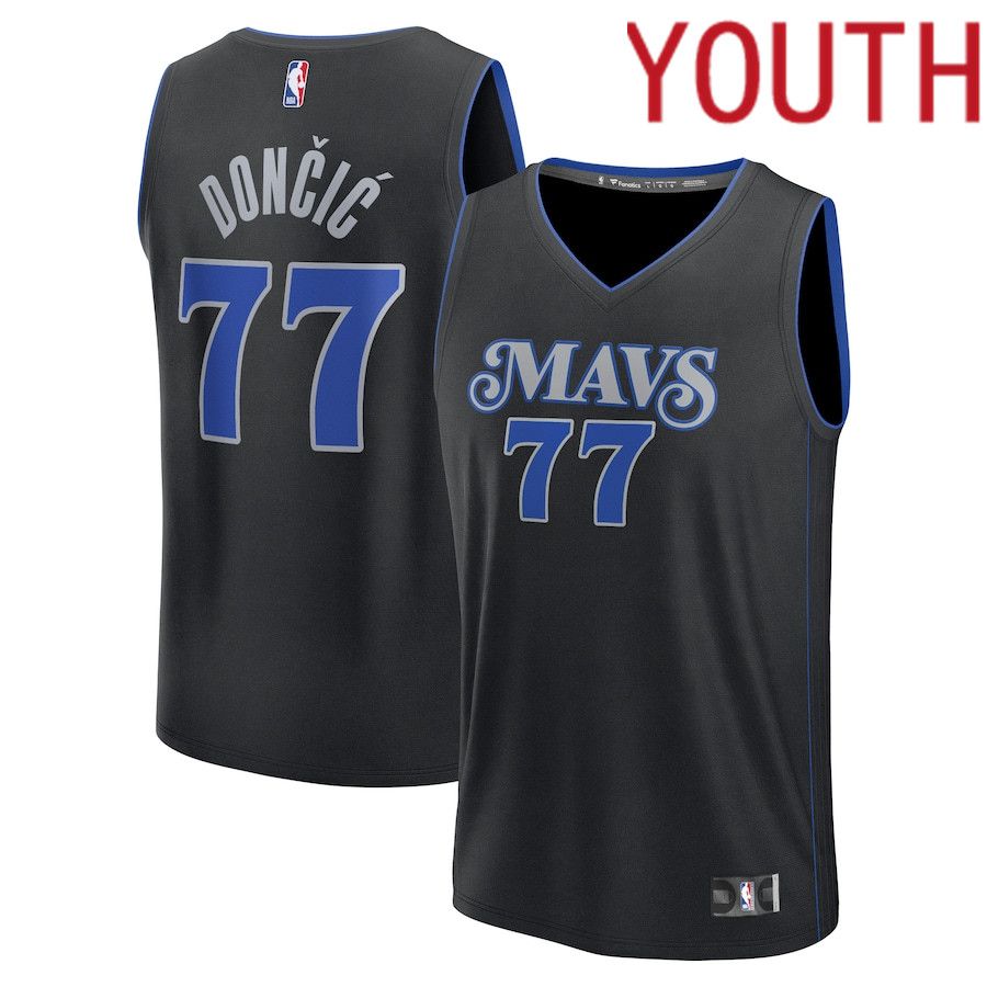 Youth Dallas Mavericks 77 Luka Doncic Fanatics Branded Black City Edition 2023-24 Fast Break NBA Jersey